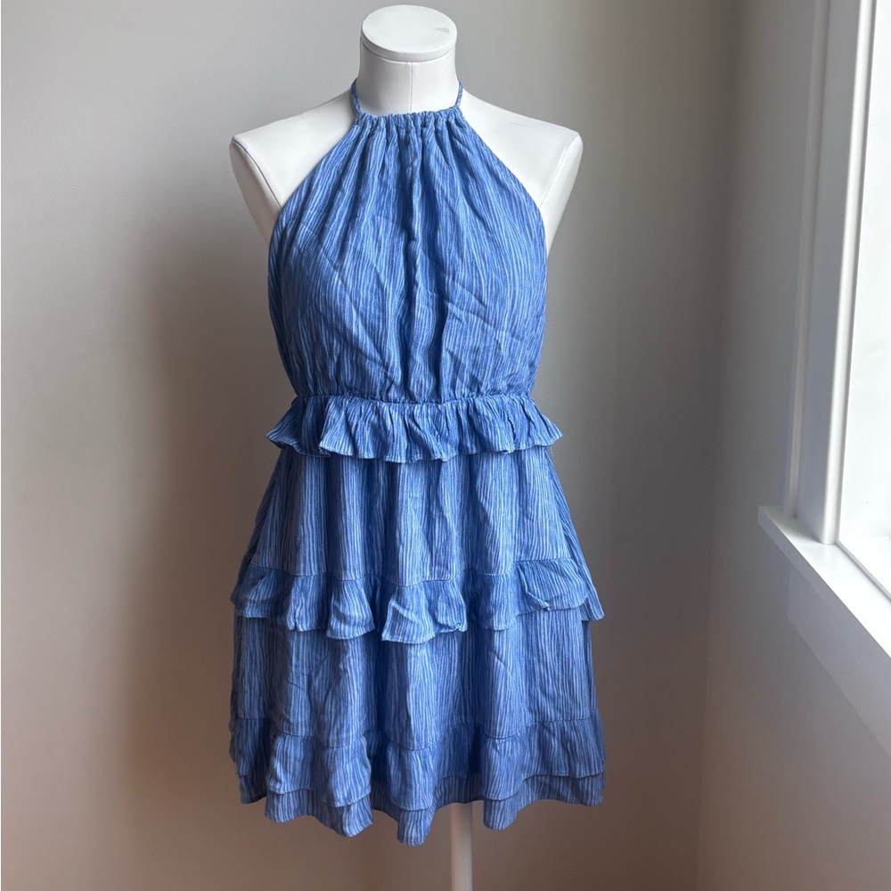 Lulu's Sky Blue Striped Halter Neck Frill Trim Mini Dress Size S